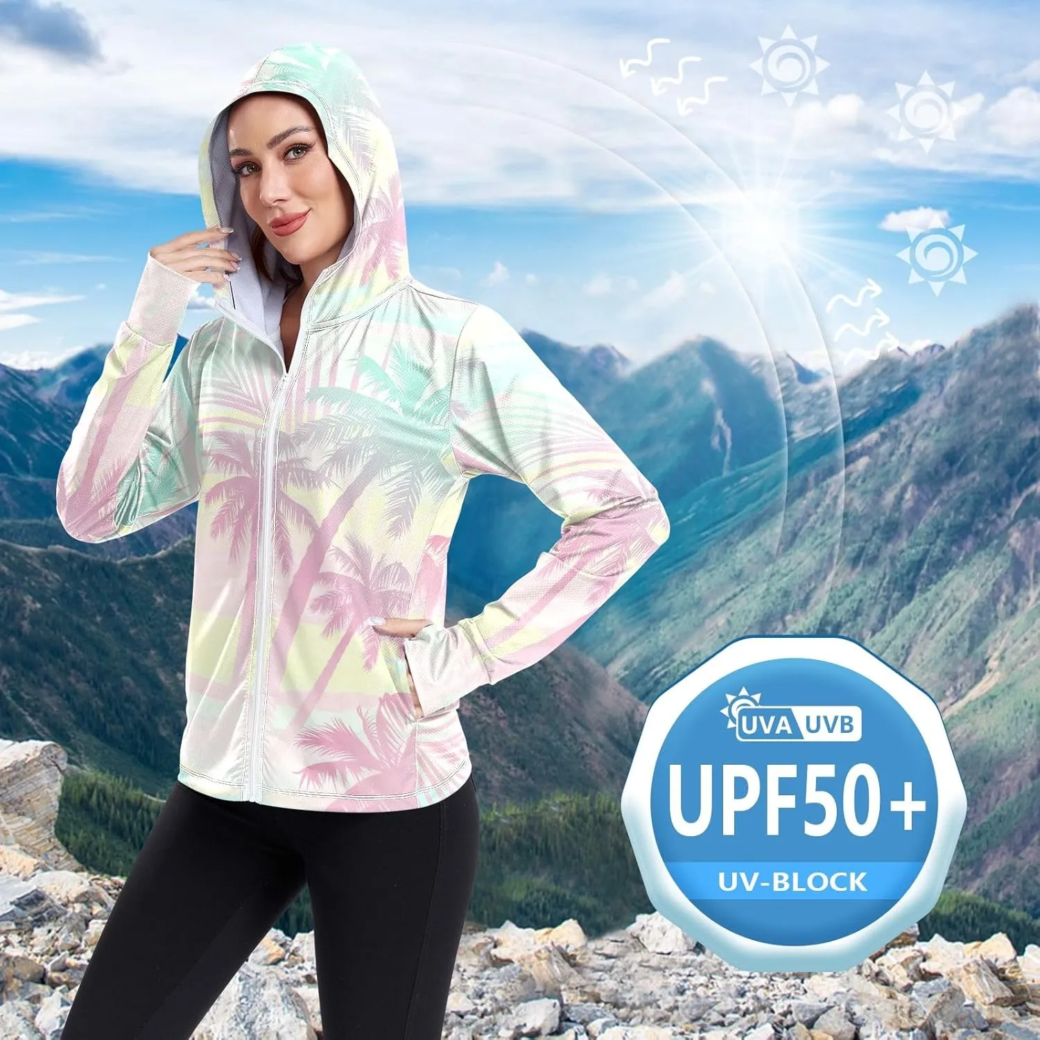 GAIGEO Green Pink Palm Trees Women Jacket Breathable Sun Protection Clothing Women UPF 50 , with Zip Pockets, S