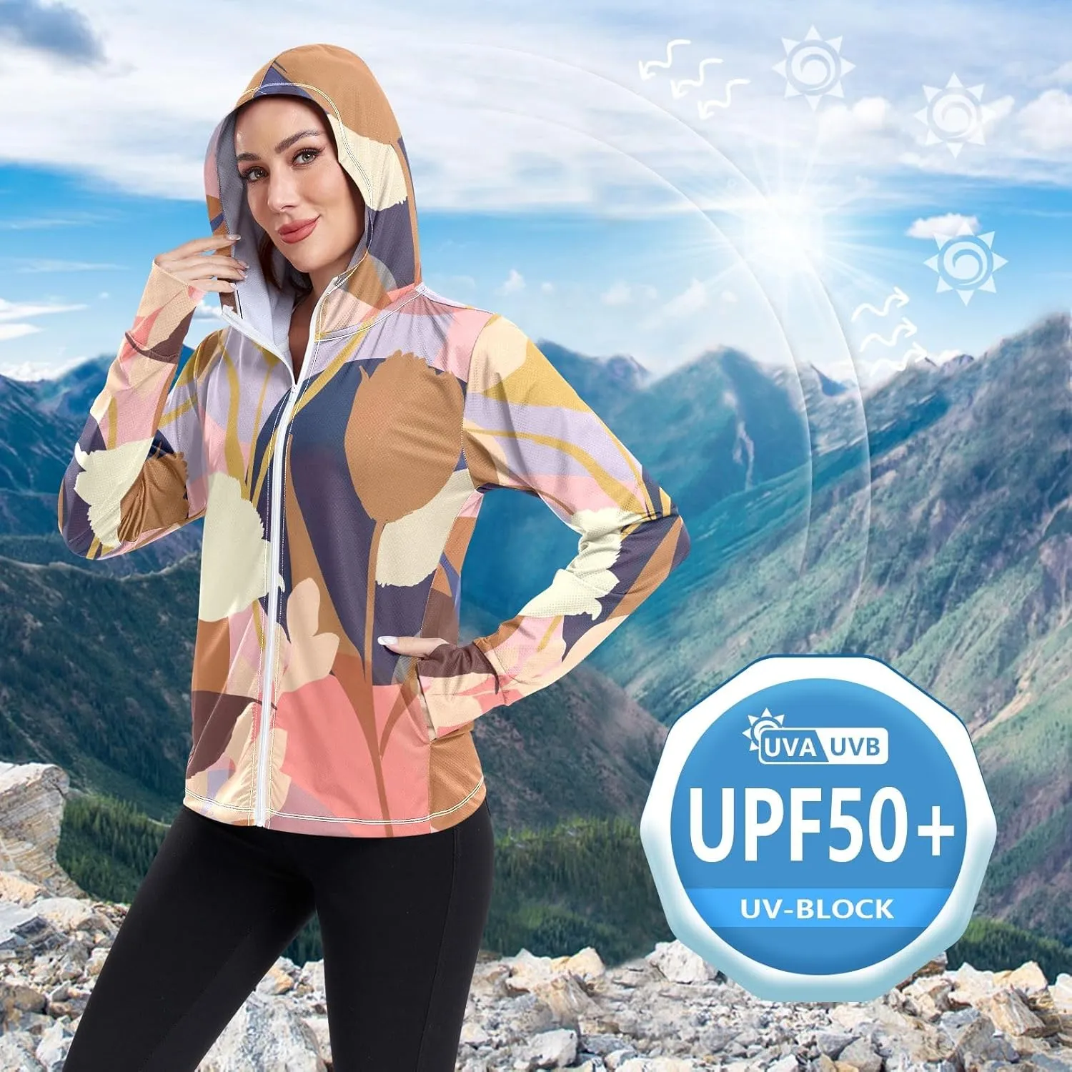 GAIGEO Tropical Exotic Palm Leaves Pink Women Jacket UPF 50  Uv Protection Clothing Women Cooling Fabric, Thumb Holes, XXL