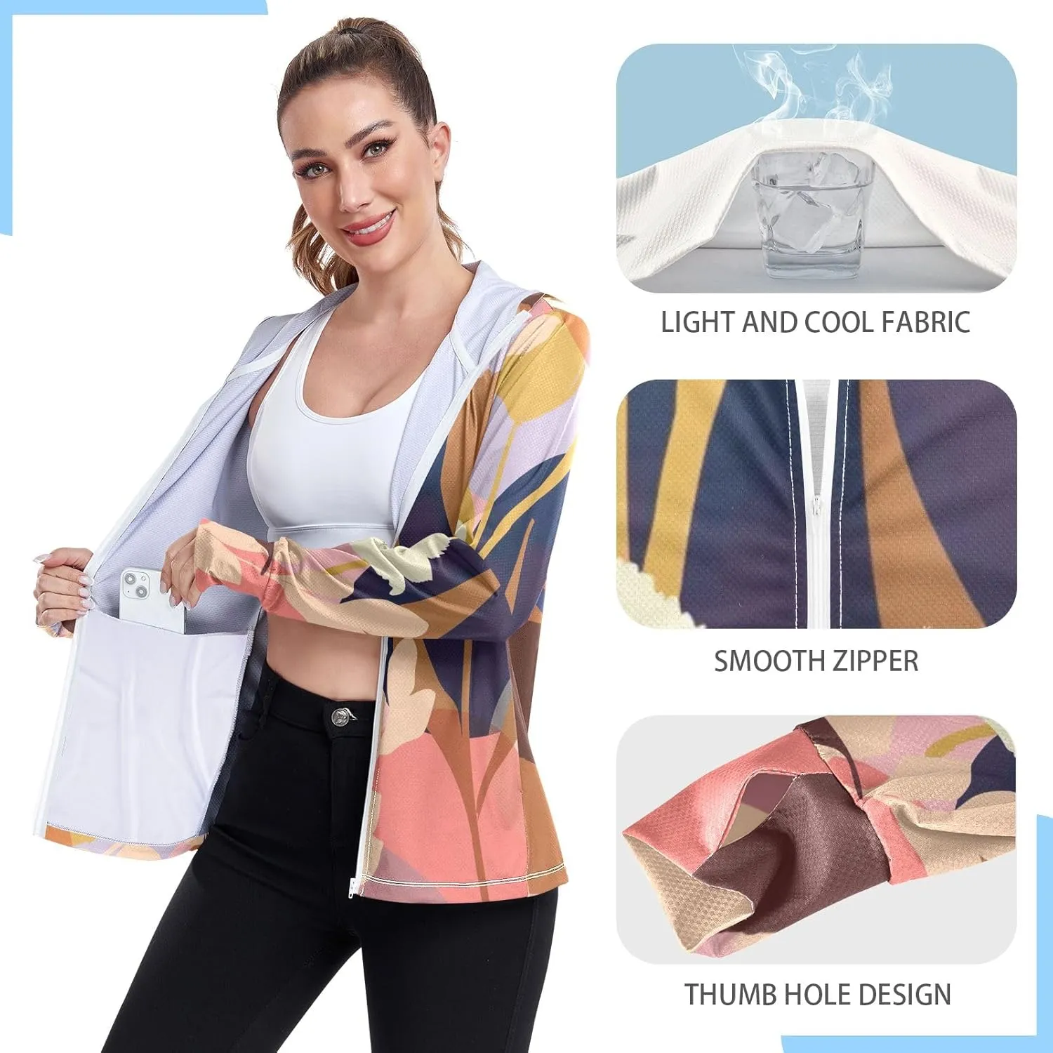 GAIGEO Tropical Exotic Palm Leaves Pink Women Jacket UPF 50  Uv Protection Clothing Women Cooling Fabric, Thumb Holes, XXL