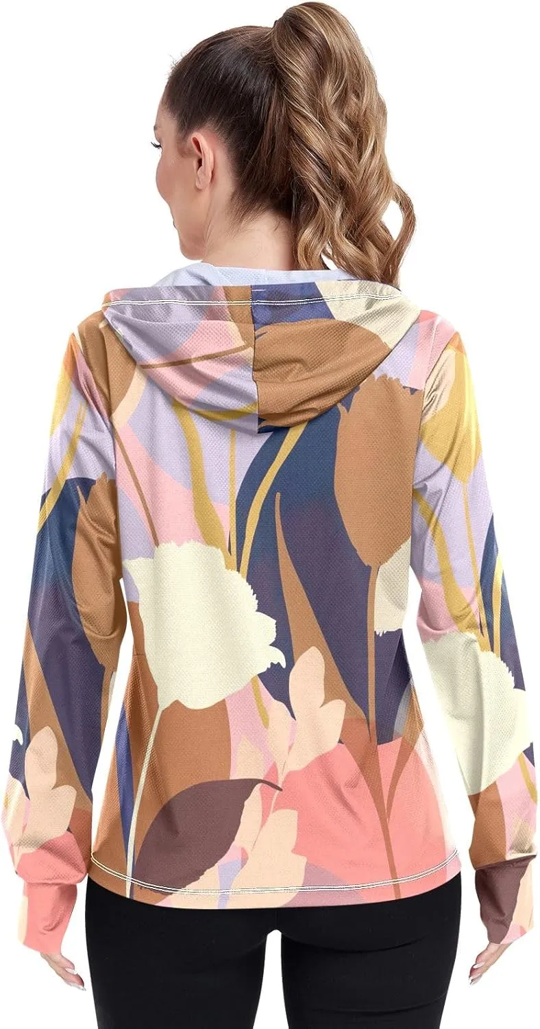 GAIGEO Tropical Exotic Palm Leaves Pink Women Jacket UPF 50  Uv Protection Clothing Women Cooling Fabric, Thumb Holes, XXL