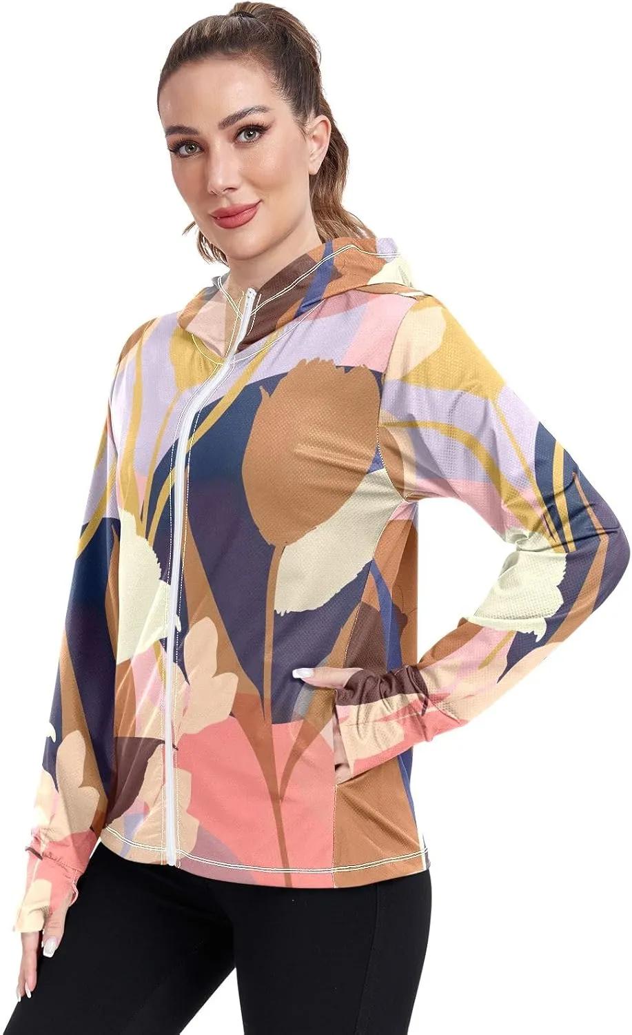 GAIGEO Tropical Exotic Palm Leaves Pink Women Jacket UPF 50  Uv Protection Clothing Women Cooling Fabric, Thumb Holes, XXL