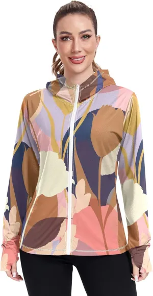 GAIGEO Tropical Exotic Palm Leaves Pink Women Jacket UPF 50  Uv Protection Clothing Women Cooling Fabric, Thumb Holes, XXL