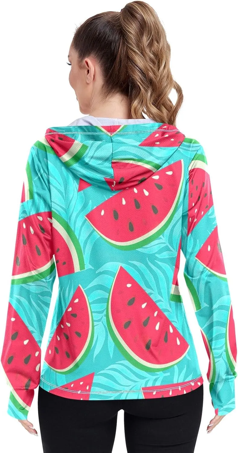 GAIGEO Watermelon Slices Pink Women Jacket UPF 50  Uv Clothes Women, Hooded Design Thumb Holes, S