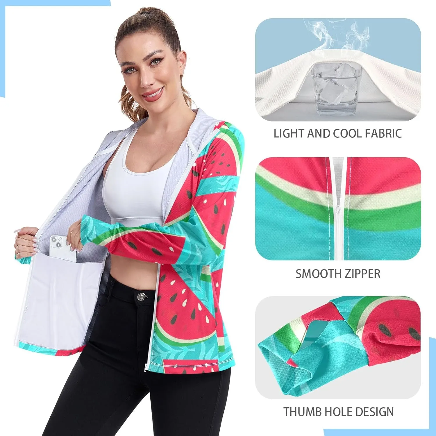 GAIGEO Watermelon Slices Pink Women Jacket UPF 50  Uv Clothes Women, Hooded Design Thumb Holes, S