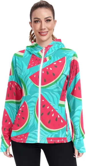 GAIGEO Watermelon Slices Pink Women Jacket UPF 50  Uv Clothes Women, Hooded Design Thumb Holes, S