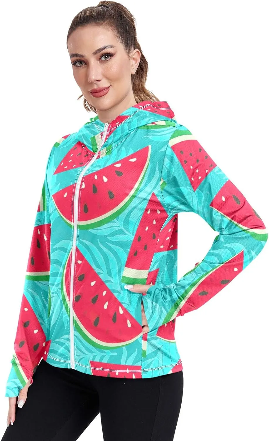 GAIGEO Watermelon Slices Pink Women Jacket UPF 50  Uv Clothes Women, Hooded Design Thumb Holes, S