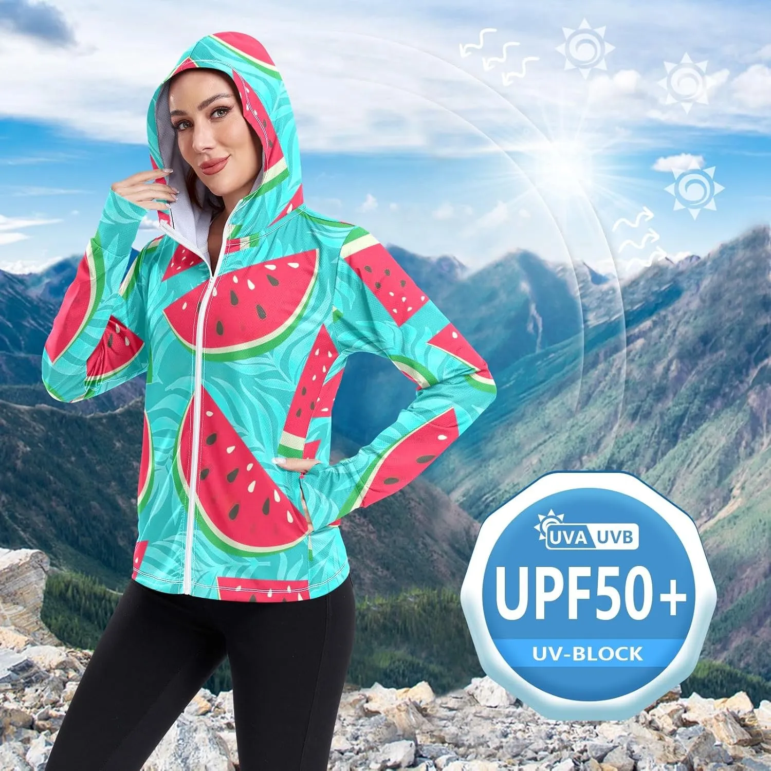 GAIGEO Watermelon Slices Pink Women Jacket UPF 50  Uv Clothes Women, Hooded Design Thumb Holes, S