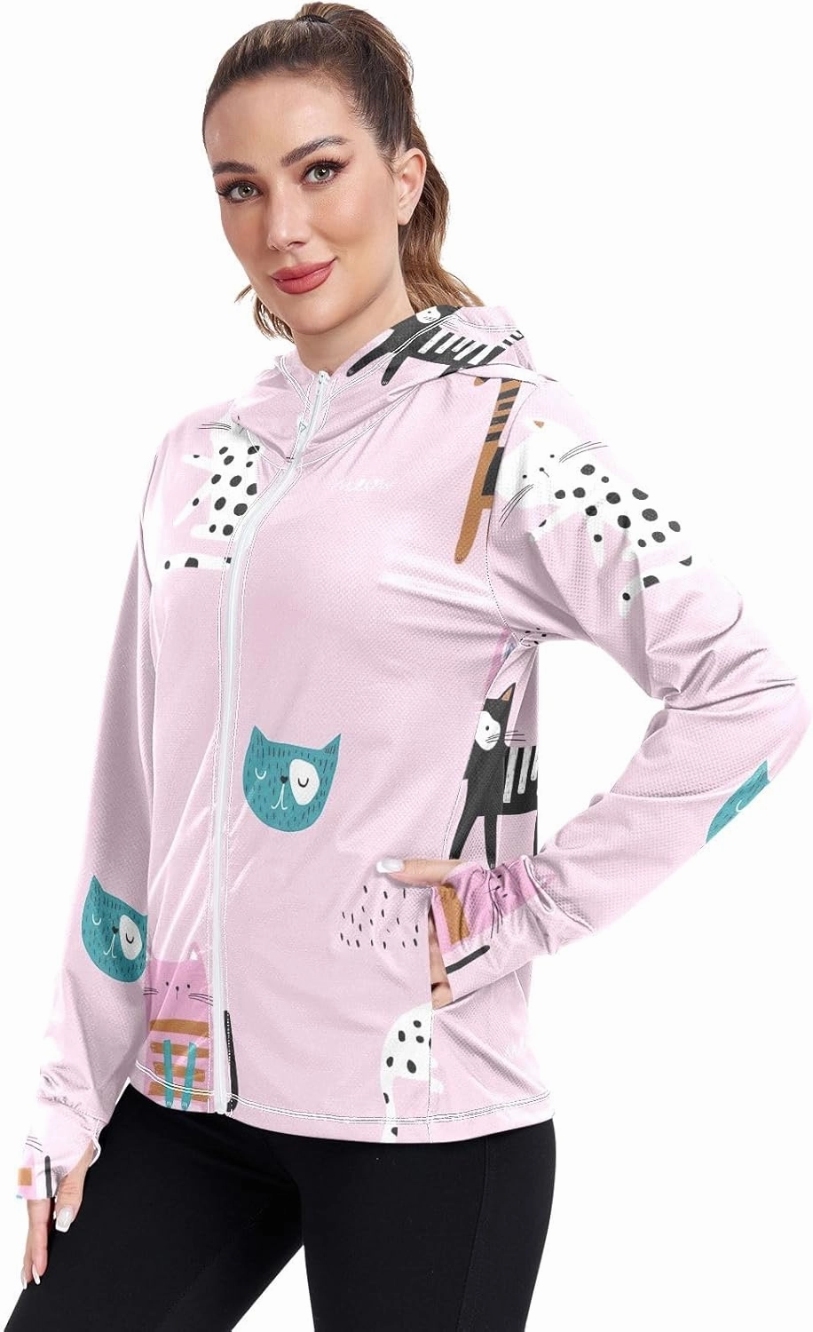 GAIGEO Blue Pink Tropical Leaf White Women Jacket UPF 50  Uv Clothes Women Thumb Holes Neck Protection, XXL