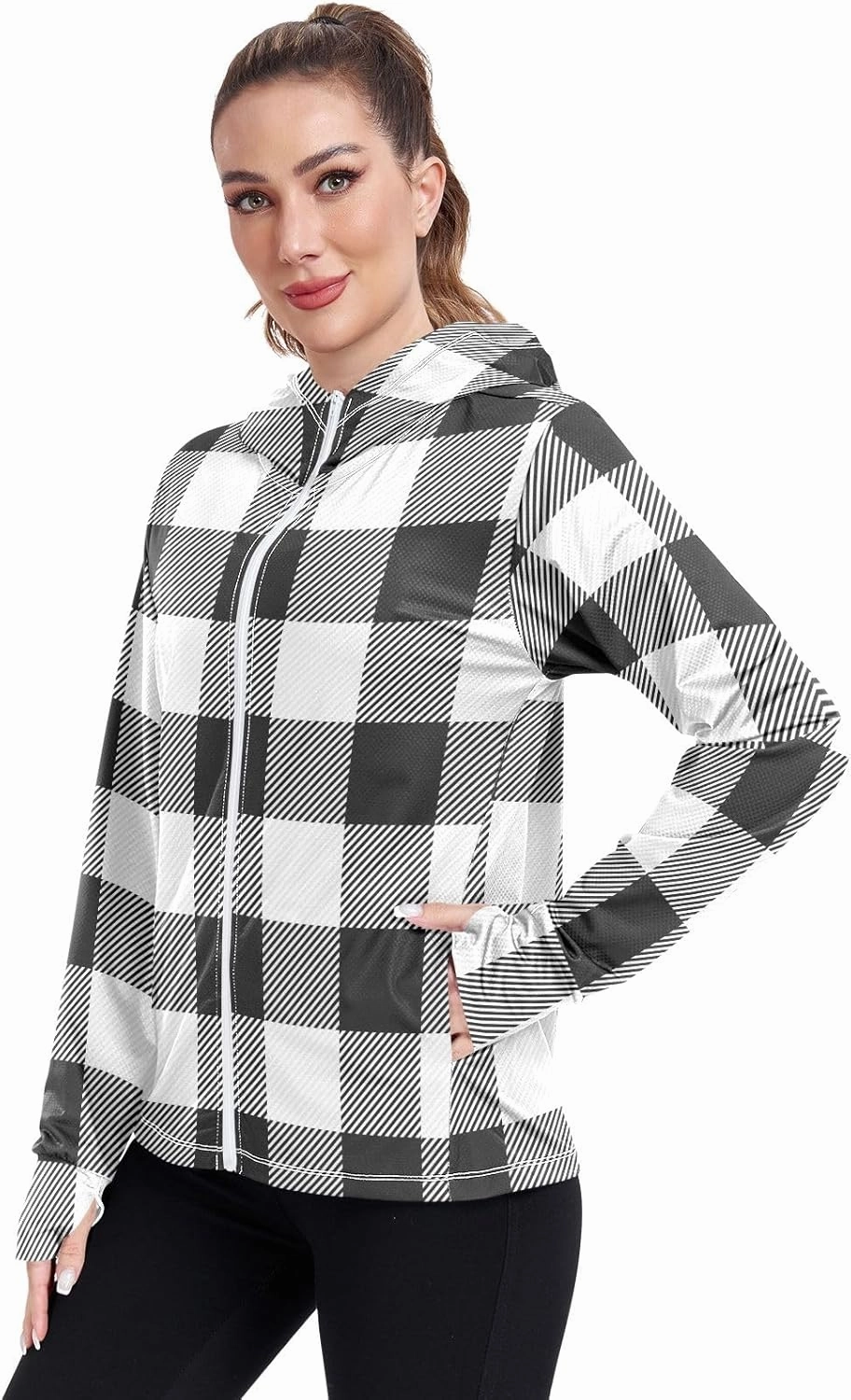 GAIGEO Blue Pink Tropical Leaf White Women Jacket UPF 50  Uv Clothes Women Thumb Holes Neck Protection, XXL
