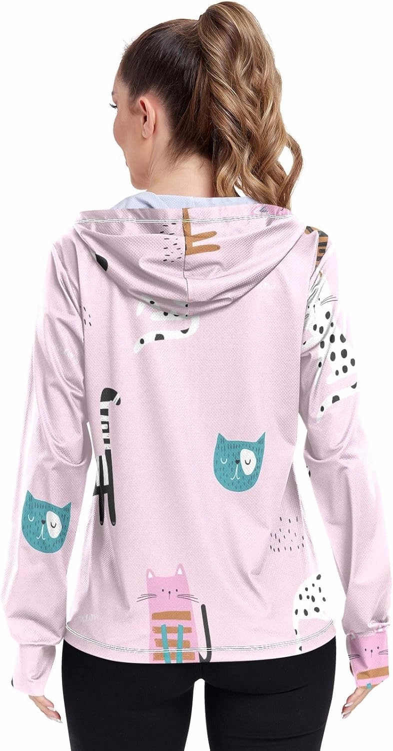 GAIGEO Blue Pink Tropical Leaf White Women Jacket UPF 50  Uv Clothes Women Thumb Holes Neck Protection, XXL