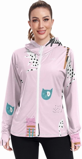 GAIGEO Blue Pink Tropical Leaf White Women Jacket UPF 50  Uv Clothes Women Thumb Holes Neck Protection, XXL