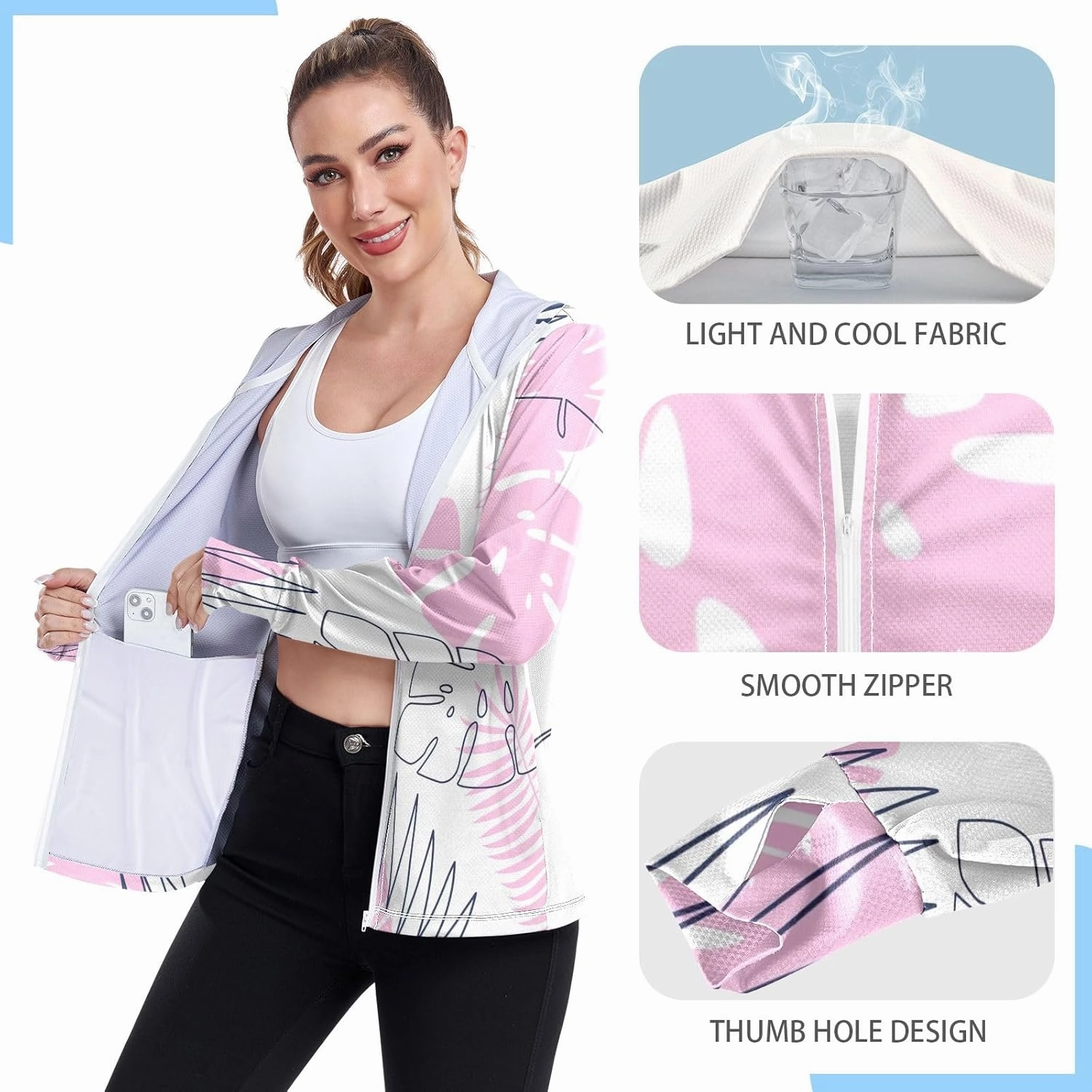 GAIGEO Blue Pink Tropical Leaf White Women Jacket UPF 50  Uv Clothes Women Thumb Holes Neck Protection, XXL