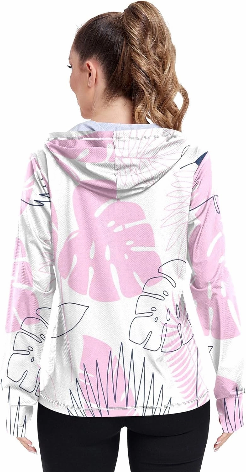 GAIGEO Blue Pink Tropical Leaf White Women Jacket UPF 50  Uv Clothes Women Thumb Holes Neck Protection, XXL
