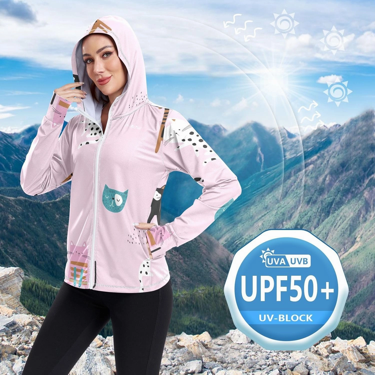 GAIGEO Blue Pink Tropical Leaf White Women Jacket UPF 50  Uv Clothes Women Thumb Holes Neck Protection, XXL
