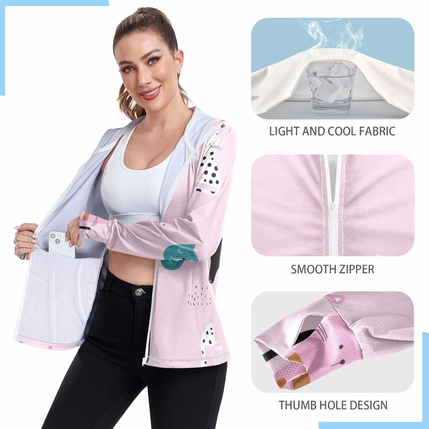 GAIGEO Blue Pink Tropical Leaf White Women Jacket UPF 50  Uv Clothes Women Thumb Holes Neck Protection, XXL