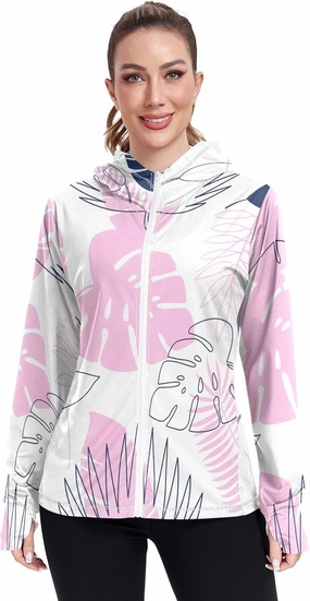 GAIGEO Blue Pink Tropical Leaf White Women Jacket UPF 50  Uv Clothes Women Thumb Holes Neck Protection, XXL