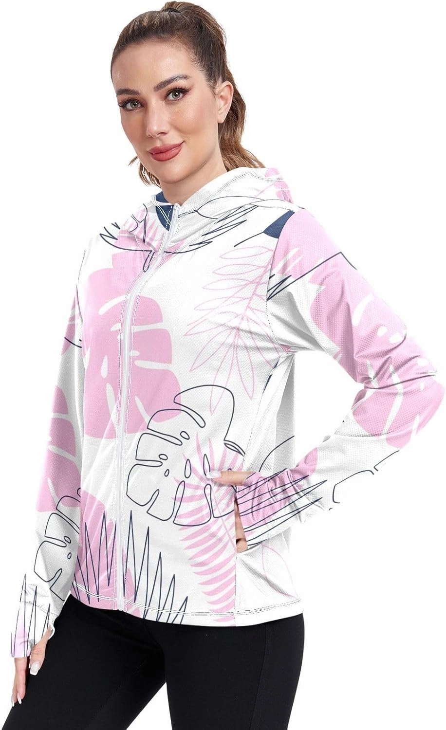 GAIGEO Blue Pink Tropical Leaf White Women Jacket UPF 50  Uv Clothes Women Thumb Holes Neck Protection, XXL