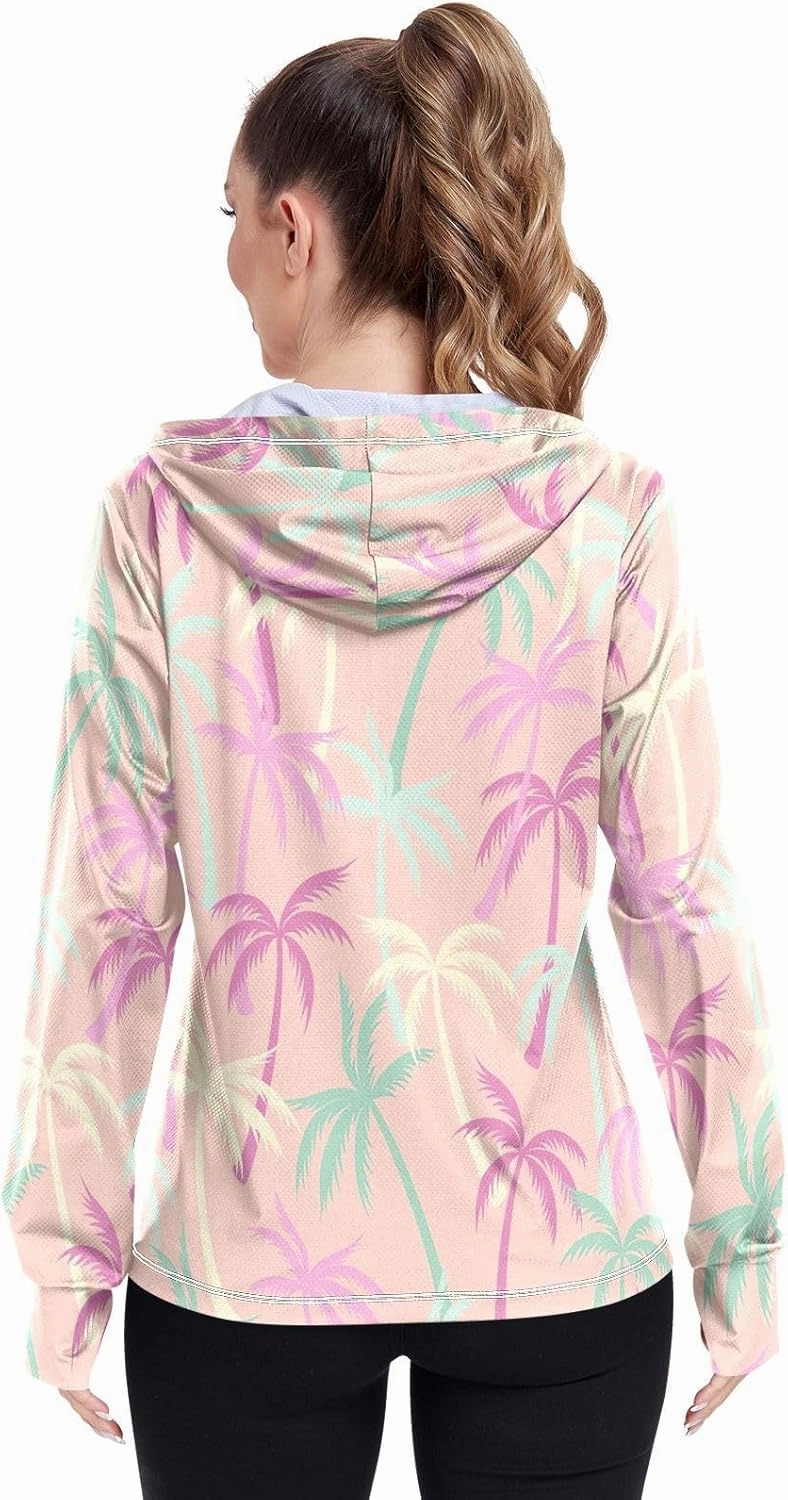 GAIGEO Coconut Palm Tree Pink Women Jacket UPF 50  Womens Summer Jacket, Hooded Design Thumb Holes, S