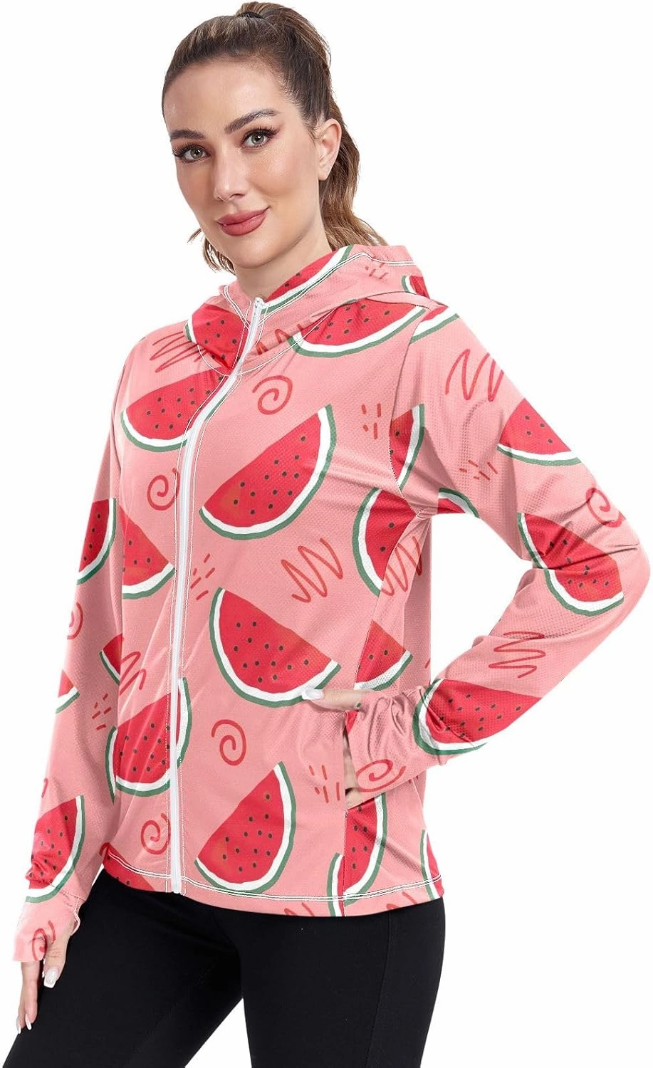 GAIGEO Coconut Palm Tree Pink Women Jacket UPF 50  Womens Summer Jacket, Hooded Design Thumb Holes, S
