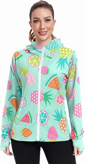 GAIGEO Coconut Palm Tree Pink Women Jacket UPF 50  Womens Summer Jacket, Hooded Design Thumb Holes, S
