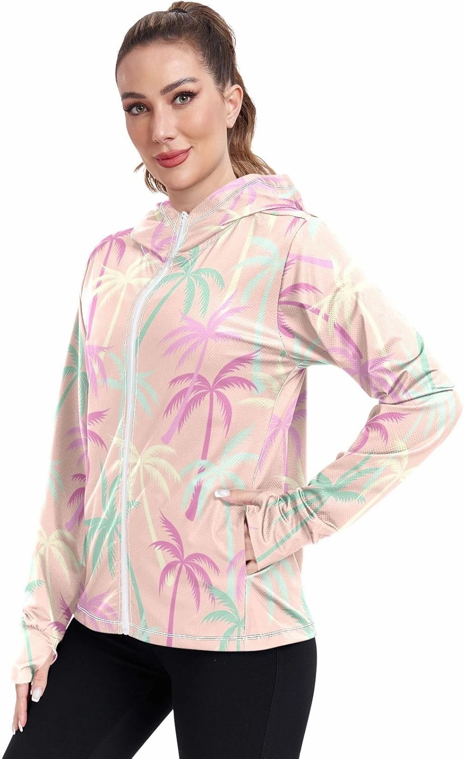 GAIGEO Coconut Palm Tree Pink Women Jacket UPF 50  Womens Summer Jacket, Hooded Design Thumb Holes, S