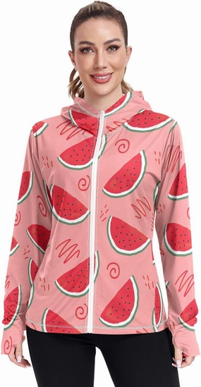 GAIGEO Coconut Palm Tree Pink Women Jacket UPF 50  Womens Summer Jacket, Hooded Design Thumb Holes, S
