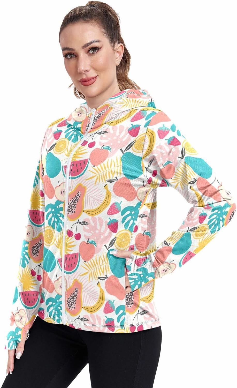 GAIGEO Coconut Palm Tree Pink Women Jacket UPF 50  Womens Summer Jacket, Hooded Design Thumb Holes, S