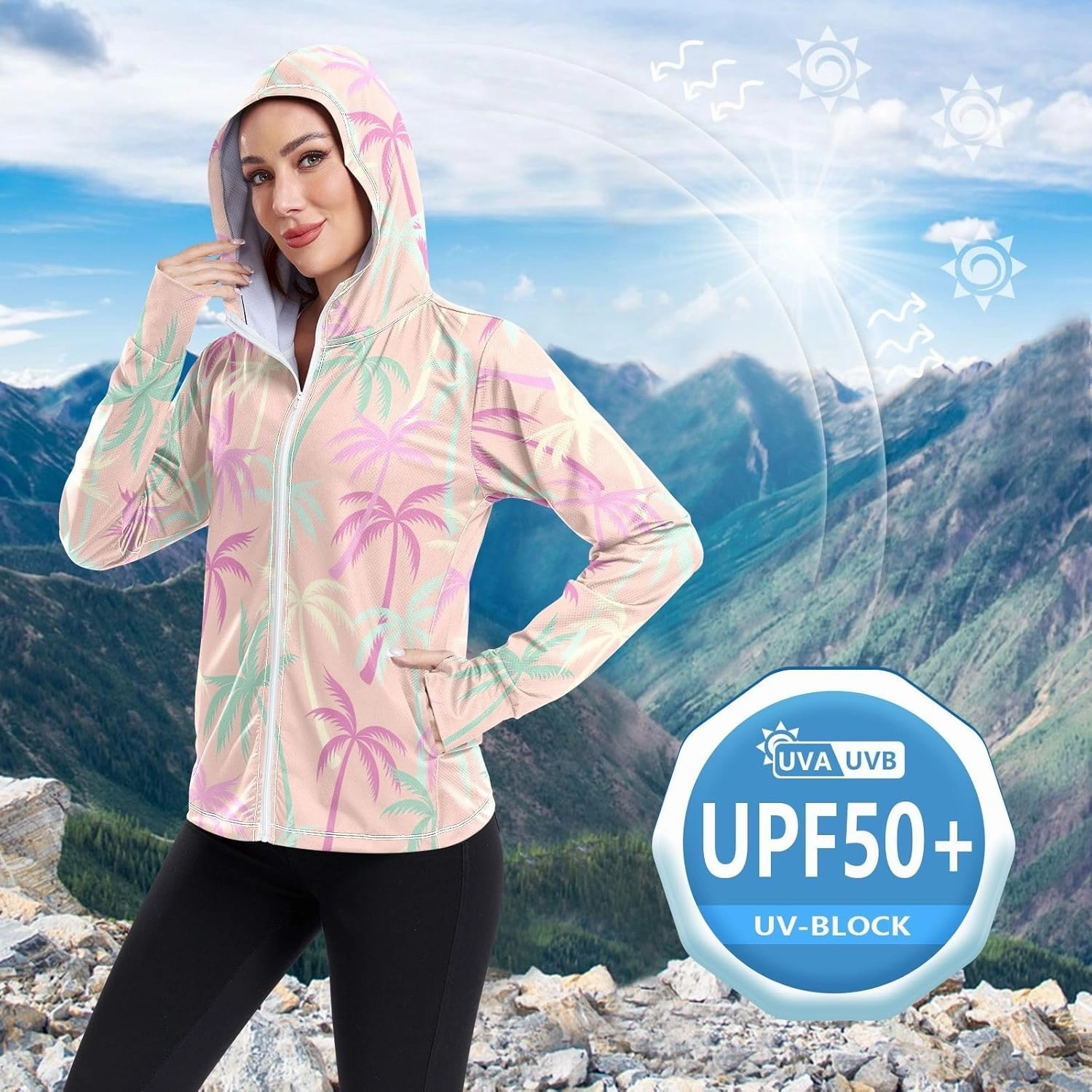 GAIGEO Coconut Palm Tree Pink Women Jacket UPF 50  Womens Summer Jacket, Hooded Design Thumb Holes, S