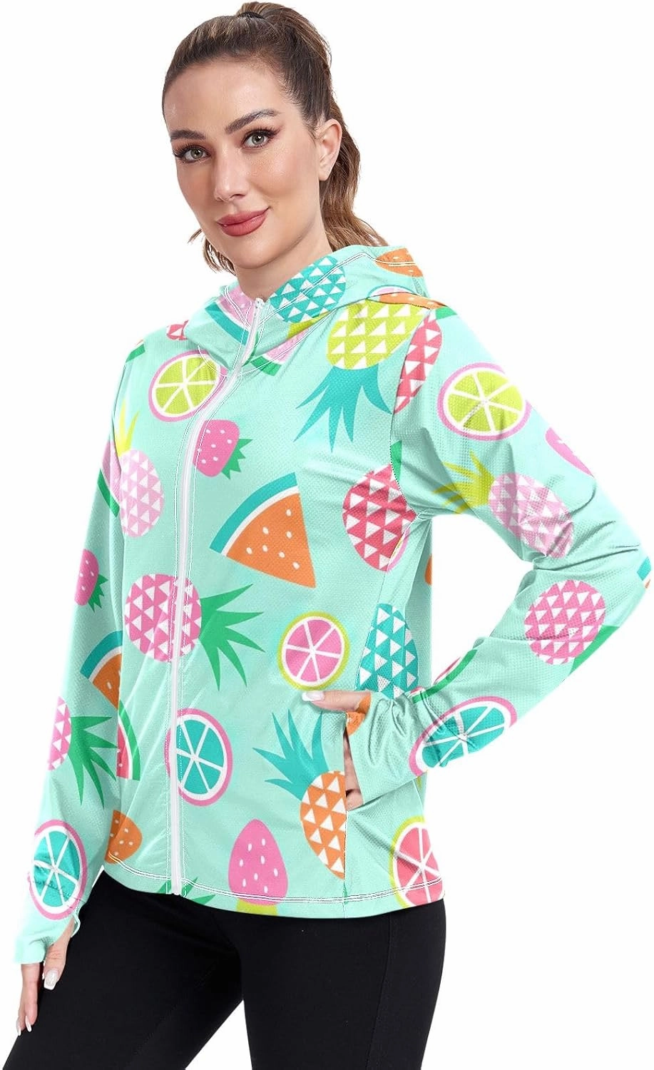 GAIGEO Coconut Palm Tree Pink Women Jacket UPF 50  Womens Summer Jacket, Hooded Design Thumb Holes, S