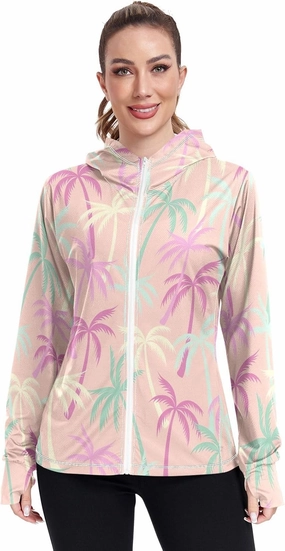 GAIGEO Coconut Palm Tree Pink Women Jacket UPF 50  Womens Summer Jacket, Hooded Design Thumb Holes, S