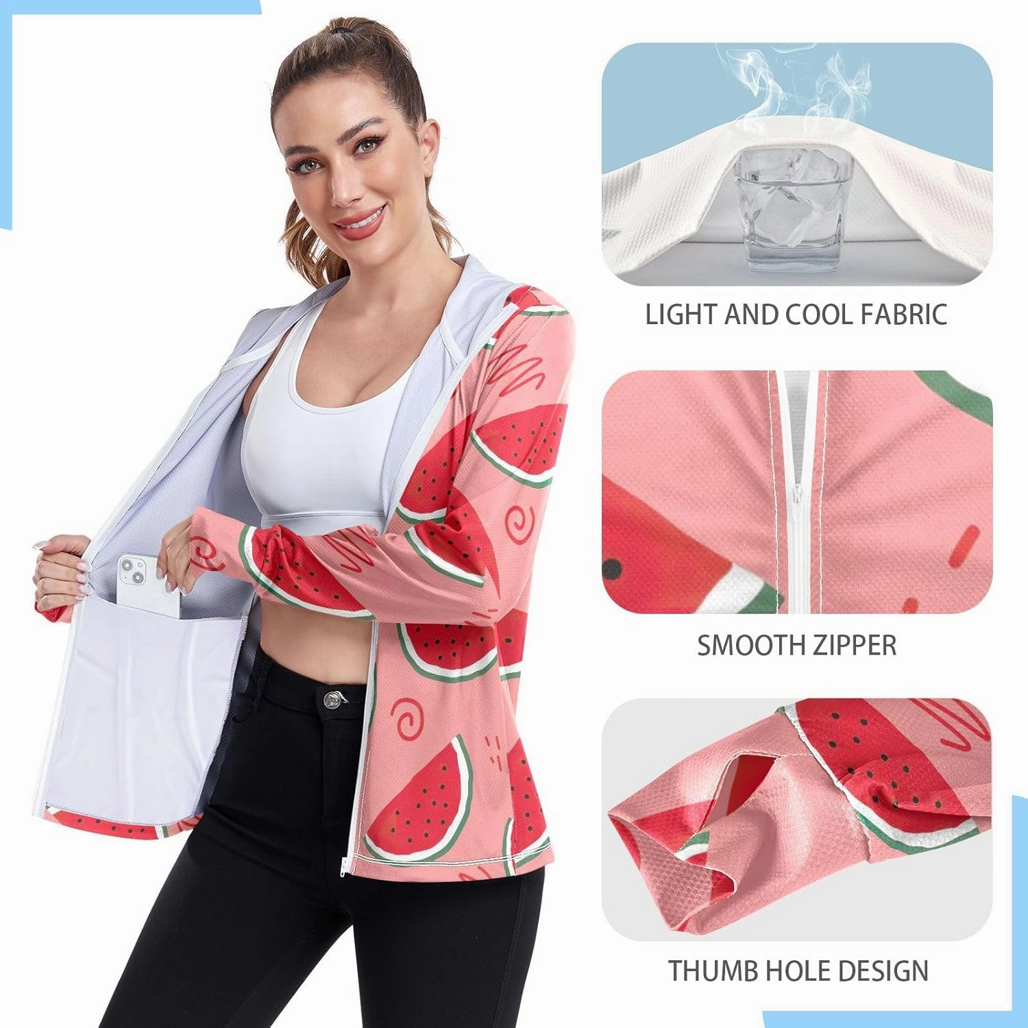 GAIGEO Coconut Palm Tree Pink Women Jacket UPF 50  Womens Summer Jacket, Hooded Design Thumb Holes, S