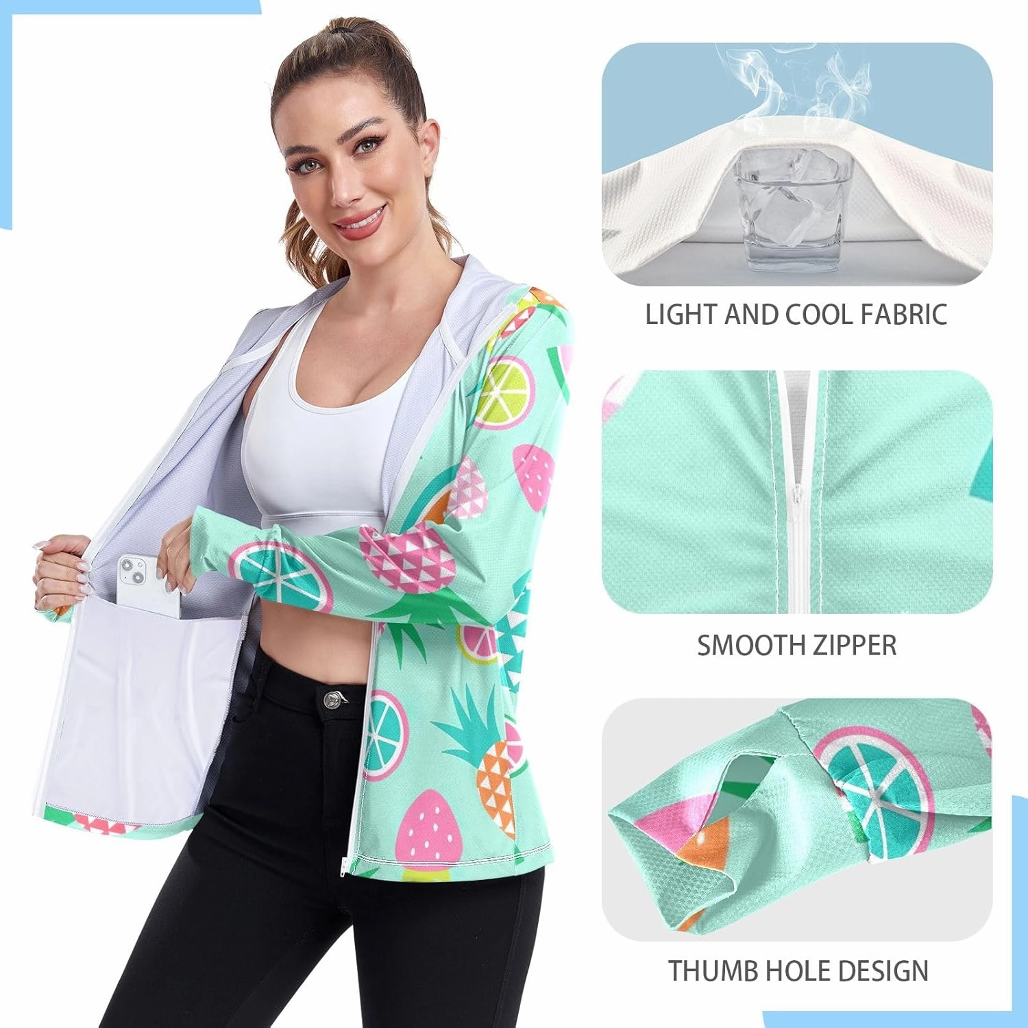 GAIGEO Coconut Palm Tree Pink Women Jacket UPF 50  Womens Summer Jacket, Hooded Design Thumb Holes, S