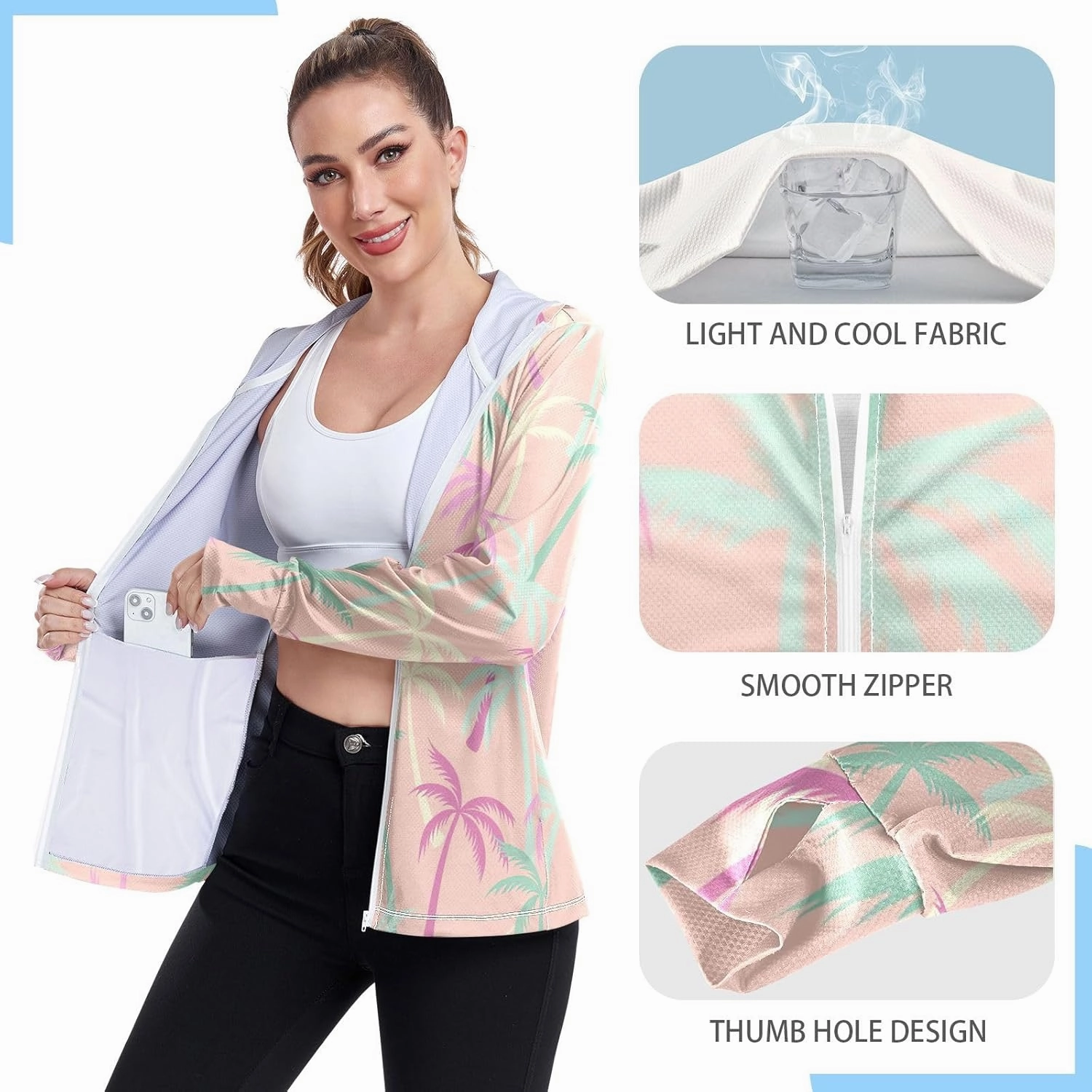 GAIGEO Coconut Palm Tree Pink Women Jacket UPF 50  Womens Summer Jacket, Hooded Design Thumb Holes, S