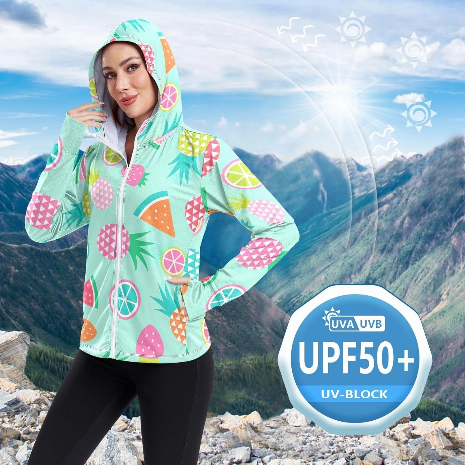GAIGEO Coconut Palm Tree Pink Women Jacket UPF 50  Womens Summer Jacket, Hooded Design Thumb Holes, S