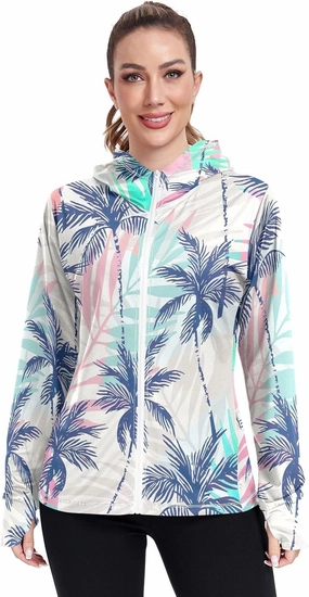 GAIGEO Pink Coconut Trees Blue Palm Women Jacket UPF 50  Women Uv Protection Clothing with Cooling Fabric Secure Pockets, M