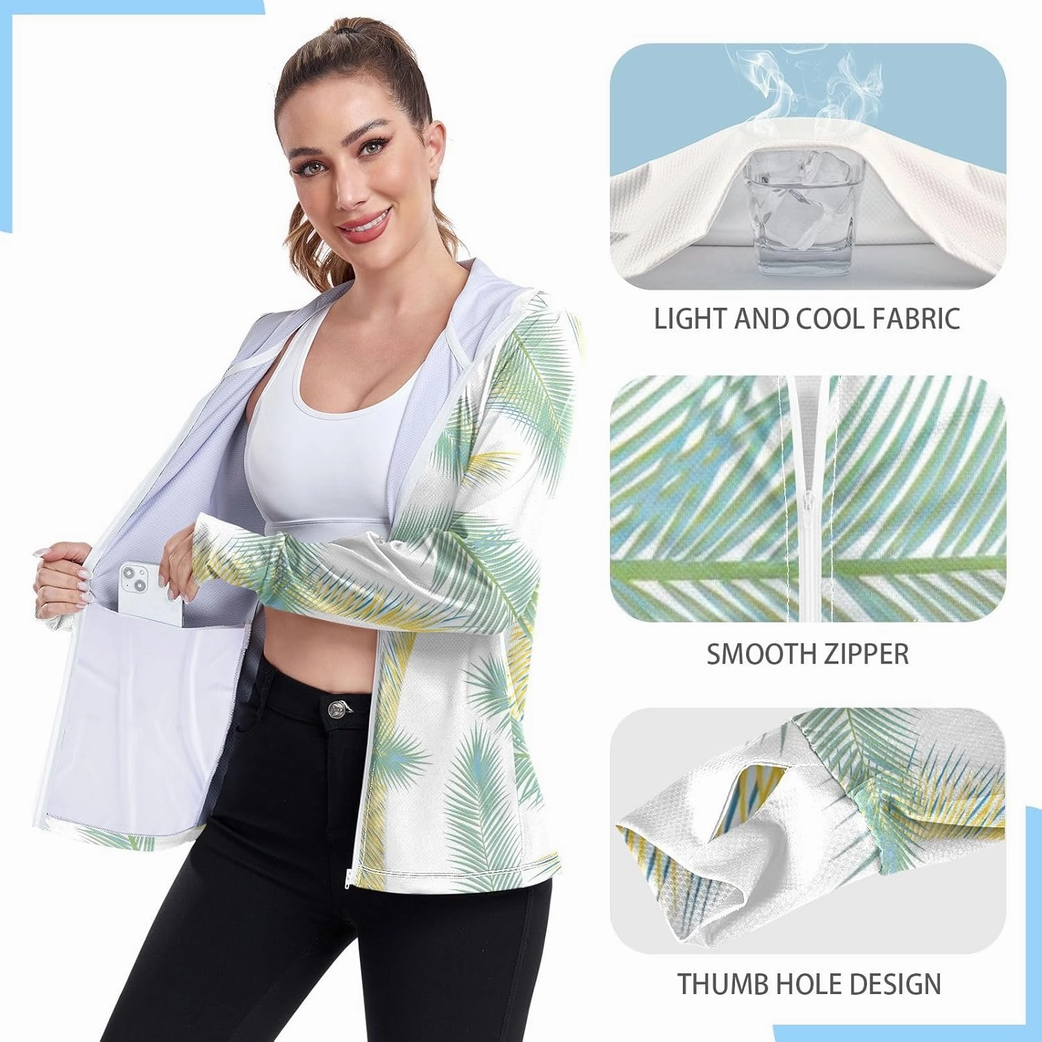 GAIGEO Tropical Palm Leaves Pink Women Jacket Active UPF 50  Sun Protection Clothing Women, Secure Pockets, S