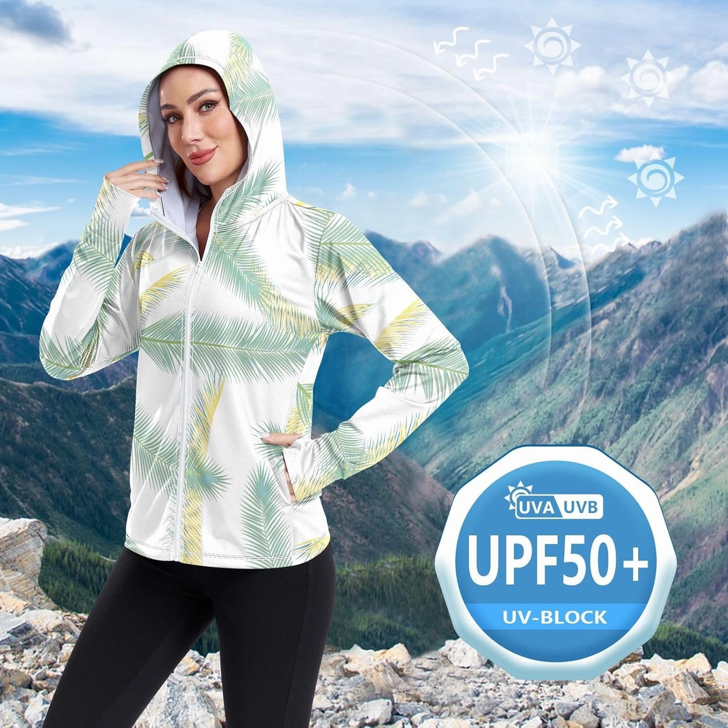 GAIGEO Tropical Palm Leaves Pink Women Jacket Active UPF 50  Sun Protection Clothing Women, Secure Pockets, S