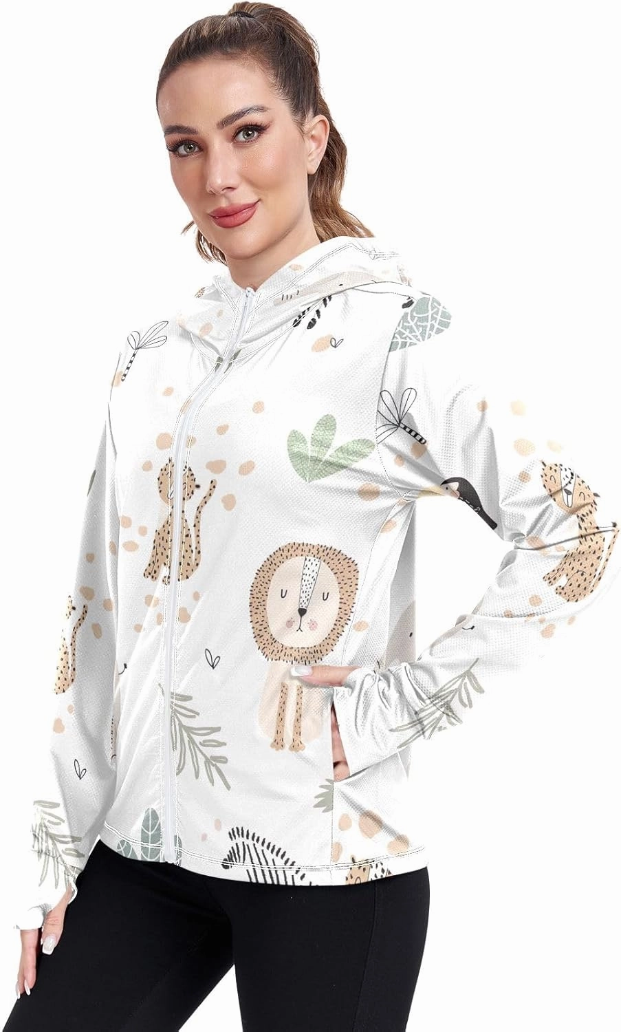 GAIGEO Tropical Pink Leaves Light Green Women Jacket UPF 50  Womens Summer Jacket Thumb Holes Neck Protection, XXL