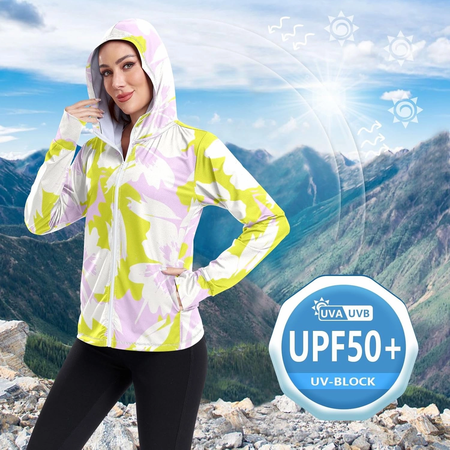 GAIGEO Tropical Pink Leaves Light Green Women Jacket UPF 50  Womens Summer Jacket Thumb Holes Neck Protection, XXL