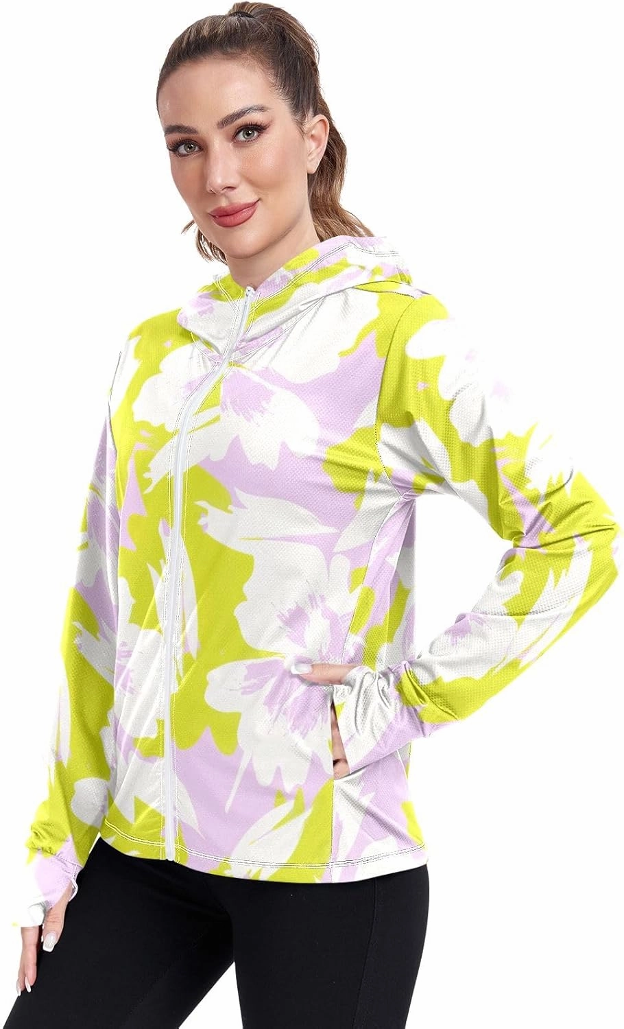 GAIGEO Tropical Pink Leaves Light Green Women Jacket UPF 50  Womens Summer Jacket Thumb Holes Neck Protection, XXL