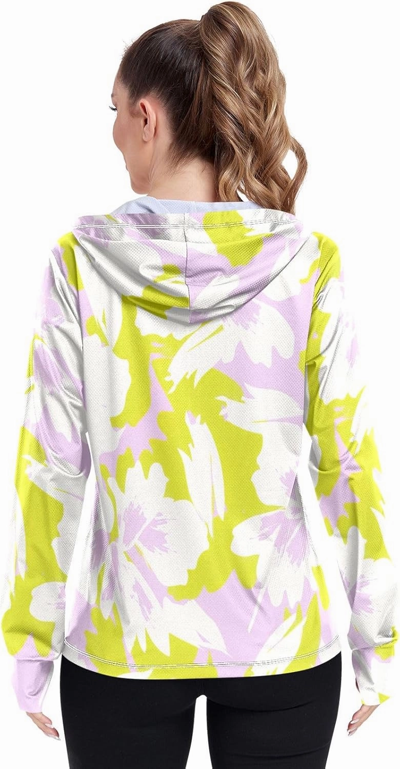 GAIGEO Tropical Pink Leaves Light Green Women Jacket UPF 50  Womens Summer Jacket Thumb Holes Neck Protection, XXL
