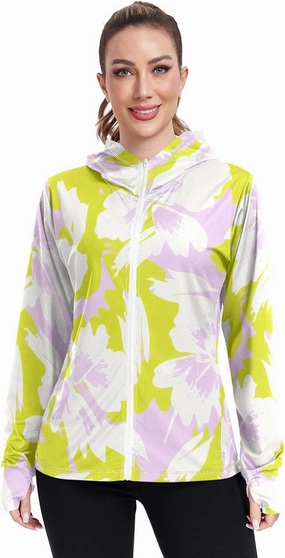 GAIGEO Tropical Pink Leaves Light Green Women Jacket UPF 50  Womens Summer Jacket Thumb Holes Neck Protection, XXL