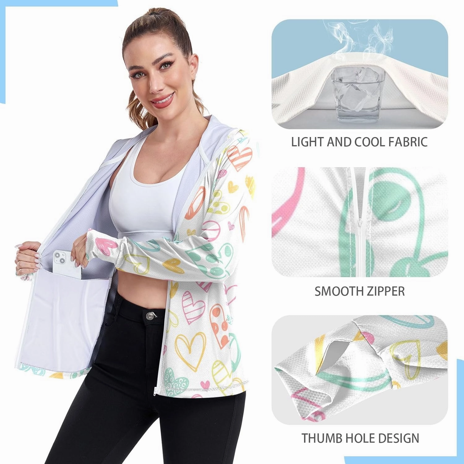 GAIGEO Tropical Pink Leaves Light Green Women Jacket UPF 50  Womens Summer Jacket Thumb Holes Neck Protection, XXL