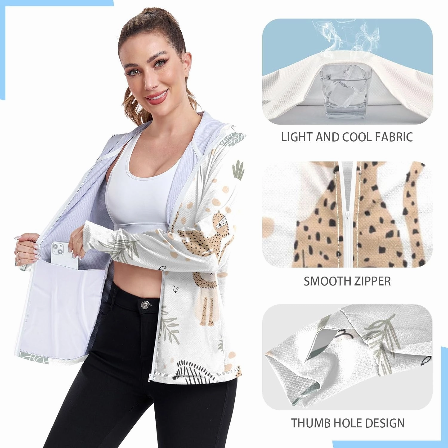 GAIGEO Tropical Pink Leaves Light Green Women Jacket UPF 50  Womens Summer Jacket Thumb Holes Neck Protection, XXL