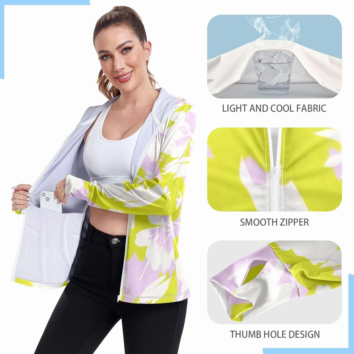 GAIGEO Tropical Pink Leaves Light Green Women Jacket UPF 50  Womens Summer Jacket Thumb Holes Neck Protection, XXL
