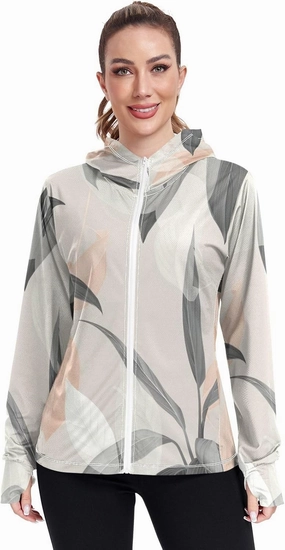 GAIGEO Tropical Pink Leaves Light Green Women Jacket UPF 50  Womens Summer Jacket Thumb Holes Neck Protection, XXL