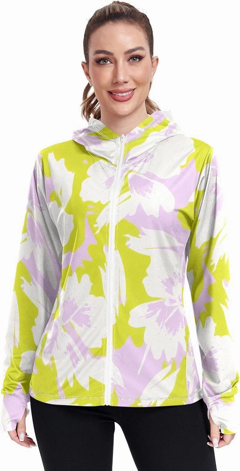 GAIGEO Tropical Pink Leaves Light Green Women Jacket UPF 50  Womens Summer Jacket Thumb Holes Neck Protection, XXL