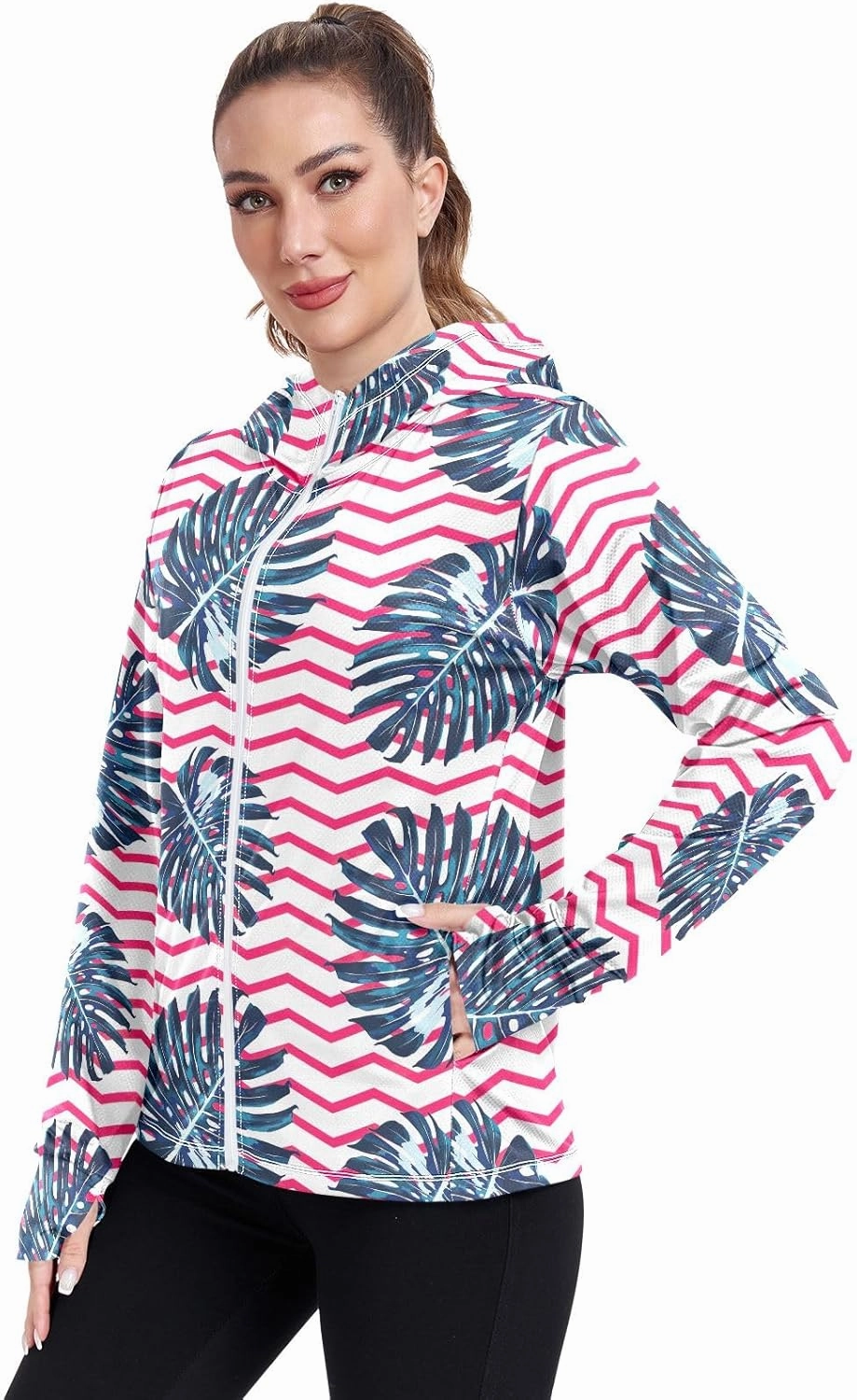 GAIGEO Watermelon Pink Green Strips Women Jacket UPF 50  Lightweight Sunscreen Clothing for Women Uv, Breathable Fabric, S