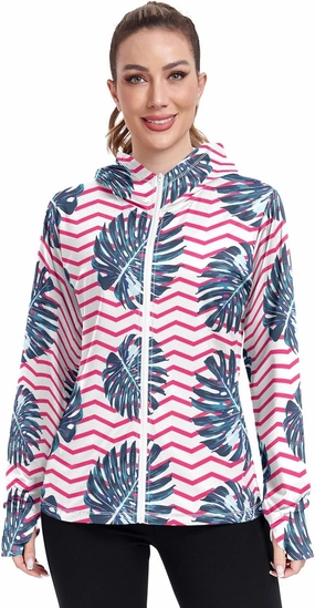 GAIGEO Watermelon Pink Green Strips Women Jacket UPF 50  Lightweight Sunscreen Clothing for Women Uv, Breathable Fabric, S