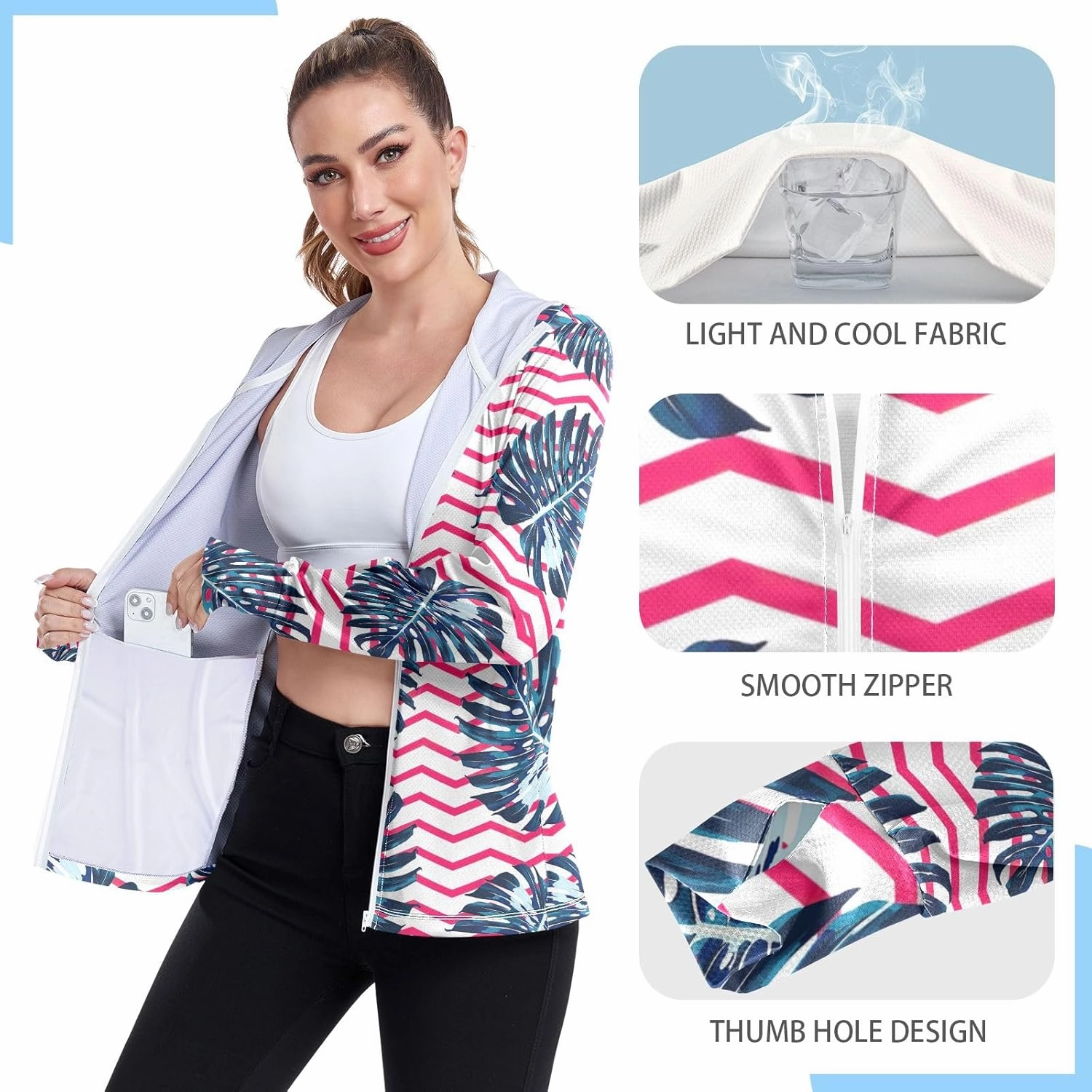 GAIGEO Watermelon Pink Green Strips Women Jacket UPF 50  Lightweight Sunscreen Clothing for Women Uv, Breathable Fabric, S